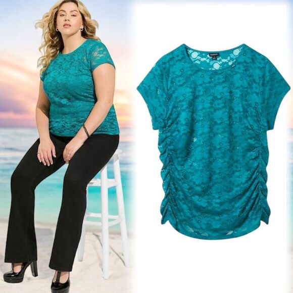 Torrid Aqua Blue/Green Stretch Lace Crew Neck Cinch Side Tee Size 3 3XL NWT - Picture 2 of 13